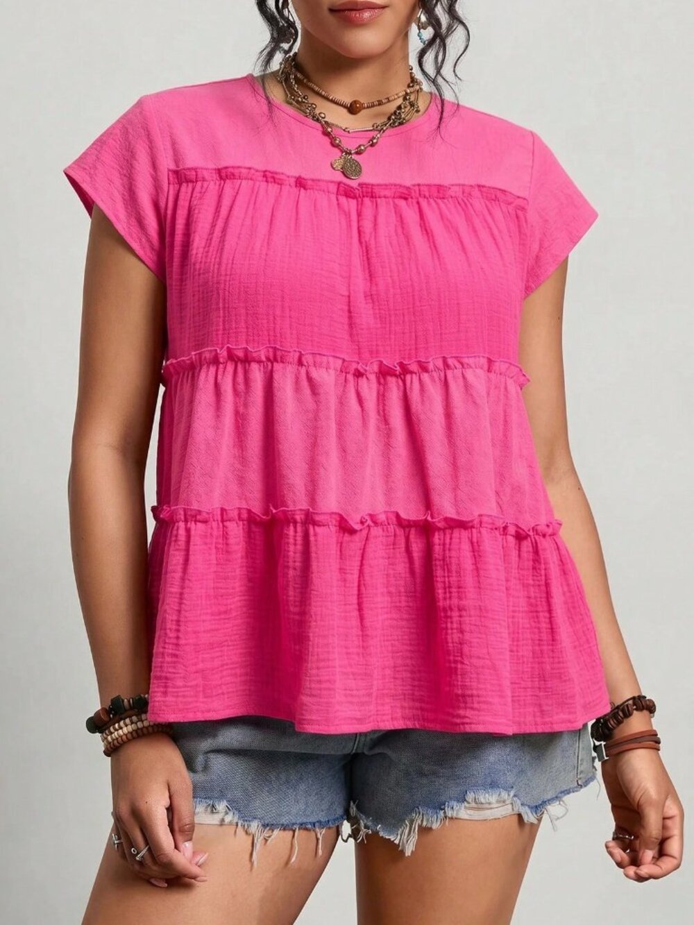 Hot Pink Cute Women's Frill Trim Round Neck Loose Peplum Blouse